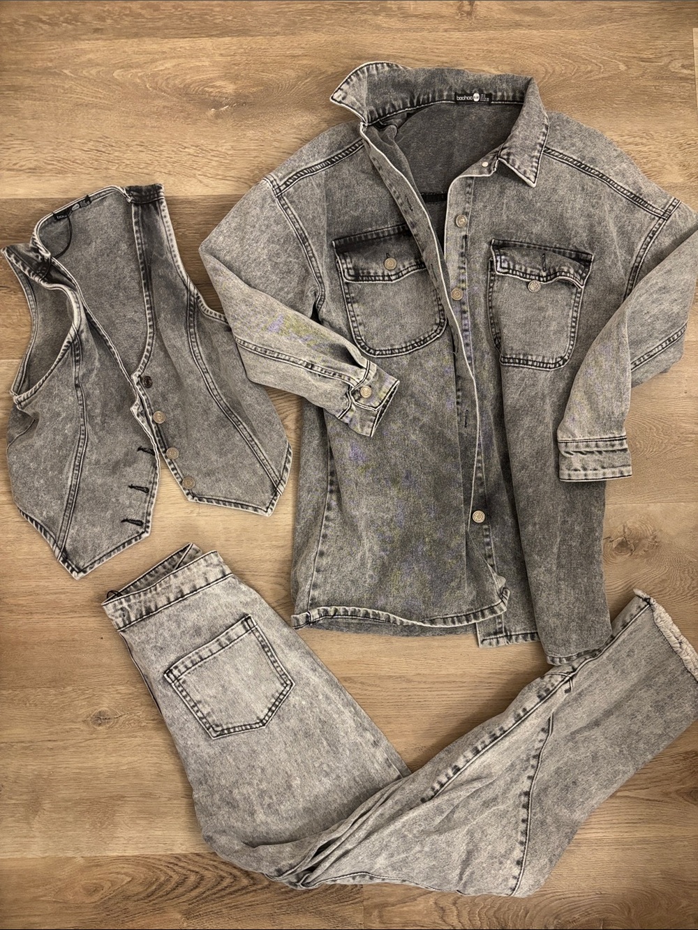 Boohoo Grey Acid Wash Denim Jacket + Vest + Jeans Bundle